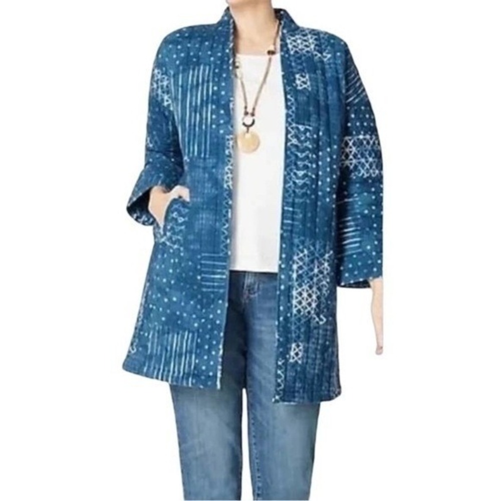 Pure Jill J. Jill Womens Large Blue Mud Cloth Quilted Jacket Kimono 100% Cotton